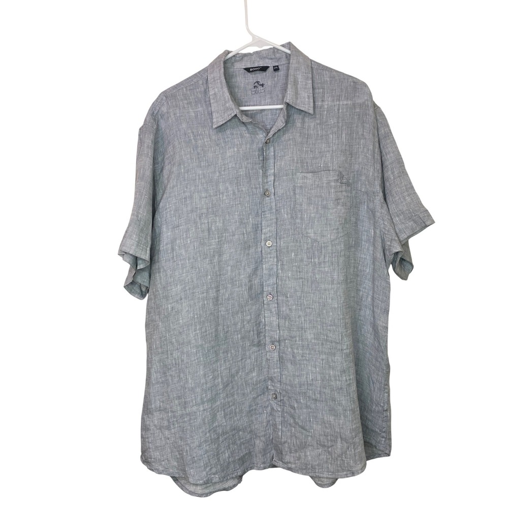 Bohio Mens 2XL Short Sleeve Button Down Shirt 100% Linen Light Blue Tropical 2XL